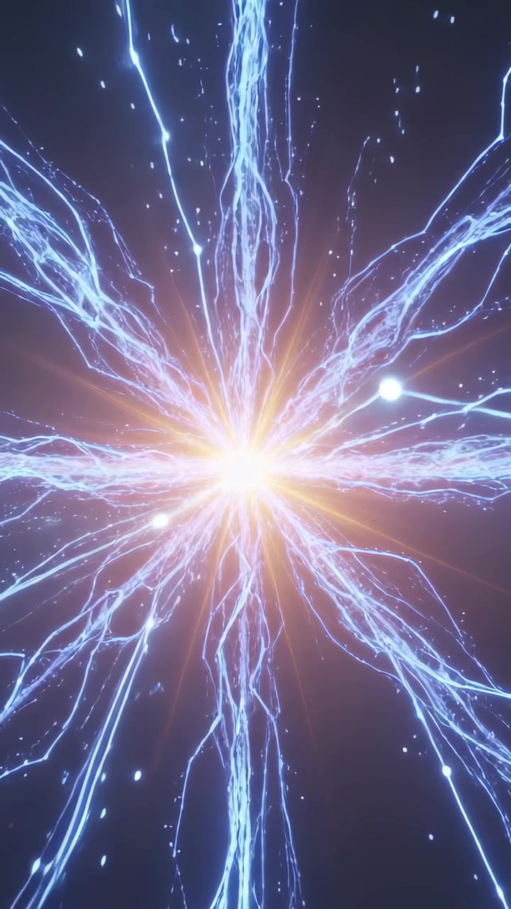 Vídeo vertical: Núcleo central acendendo e liberando energia, irradiando feixes azuis e faíscas no espaço.