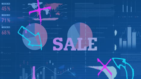 animación de texto de venta e iconos sobre el procesamiento de datos en fondo azul