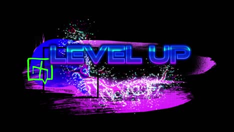 animation of level up text over shapes on black background