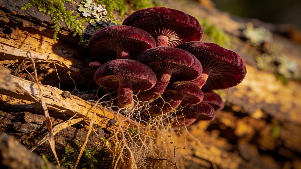 La telecamera si avvicina, funghi rosso granato scuro su un tronco coperto di muschio, mostrando lamelle e filamenti per rivelare la trama.