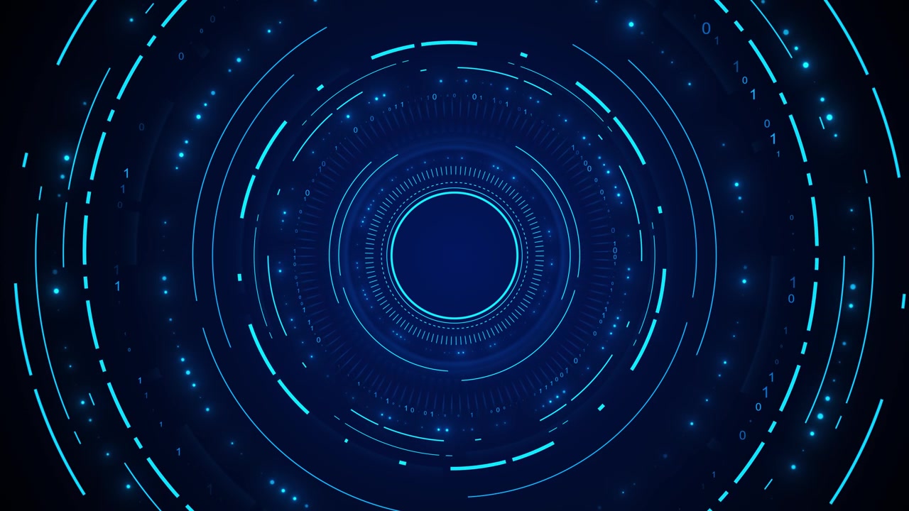 Blue circular binary hud background with glowing rings digital marks dark tech space dotted