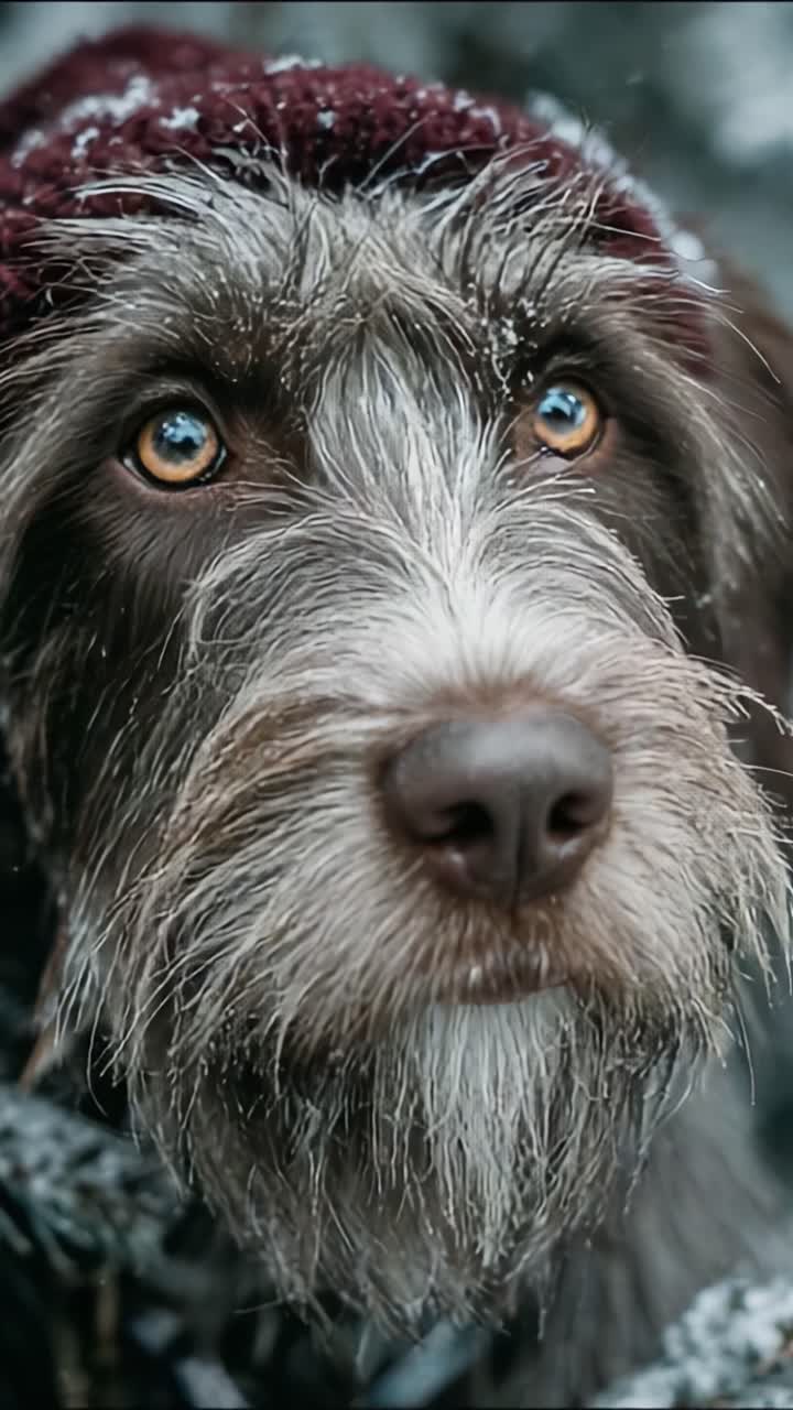 Primo piano accattivante di un cane dal pelo bianco come la neve con occhi penetranti e un cappello confortevole, che rappresenta un'avventura invernale piena di curiosità e fascino