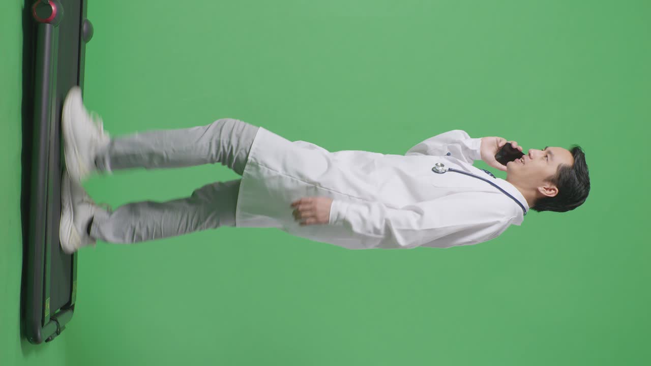 병원에서 녹색 화면 배경에서 는 동안 스마트폰으로 말하는 스테토스코프를 가진 아시아 남성 의사