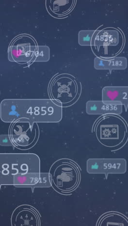 animación de iconos y números de redes sociales sobre fondo azul