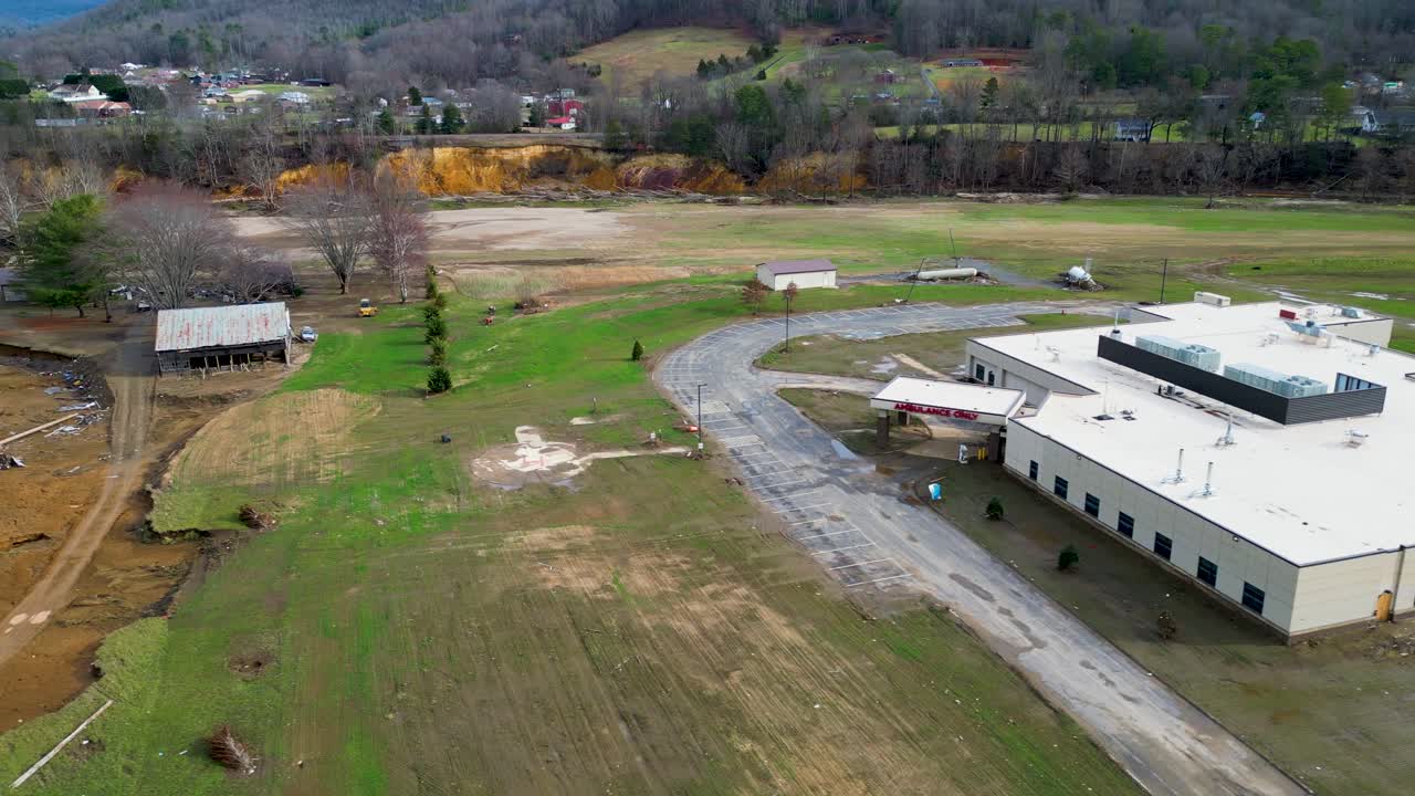 4K Aerial Drone Video of Erosion and Debris Around Hospital, Barn, and Cabin Caused by Flooding of Nolichucky River in Erwin, TN after Hurricane Helene (2024)