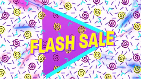 Animation-of-flash-sale-text-in-yellow-letters-over-brightly-coloured-retro-pattern