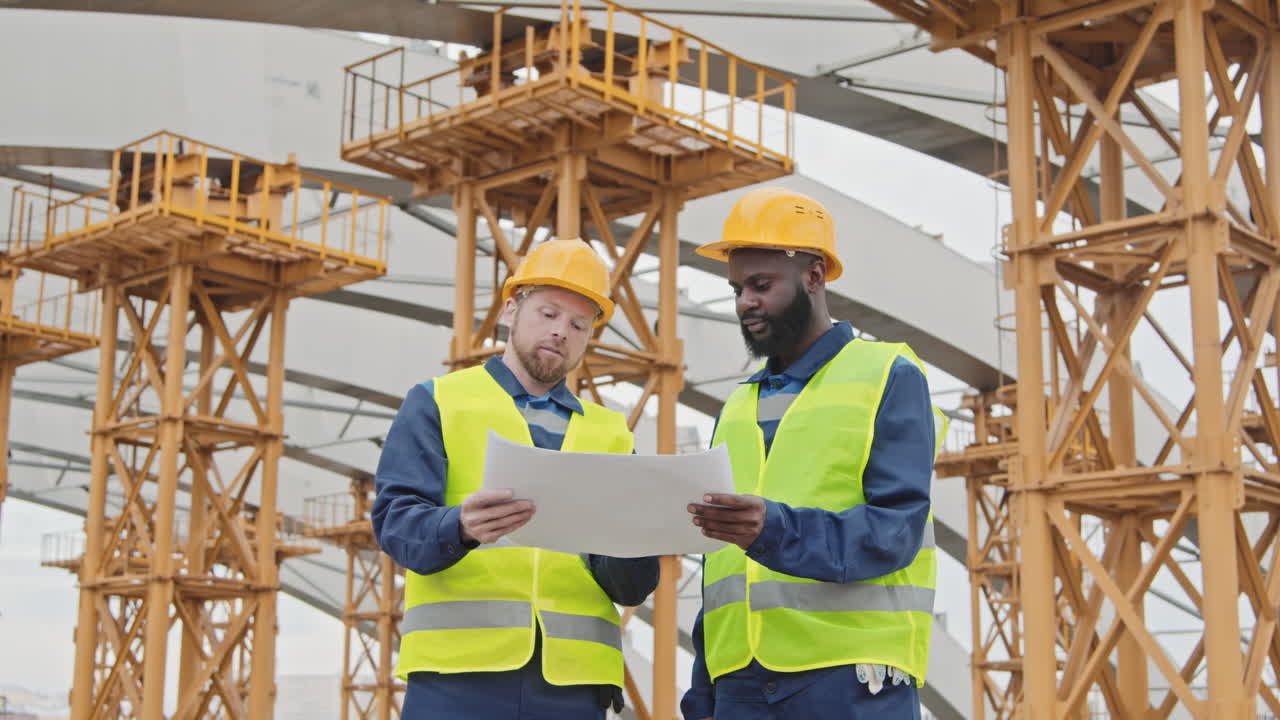 Deux ingénieurs en construction discutant d’un plan