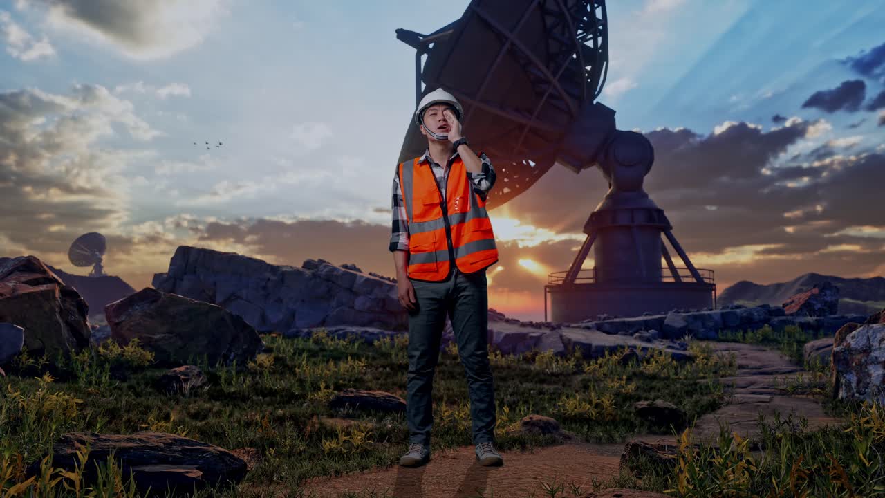 Full Body Of Asian Male Engineer With Safety Helmet Yelling With Hand Over Mouth While Standing With Large Satellite Dish