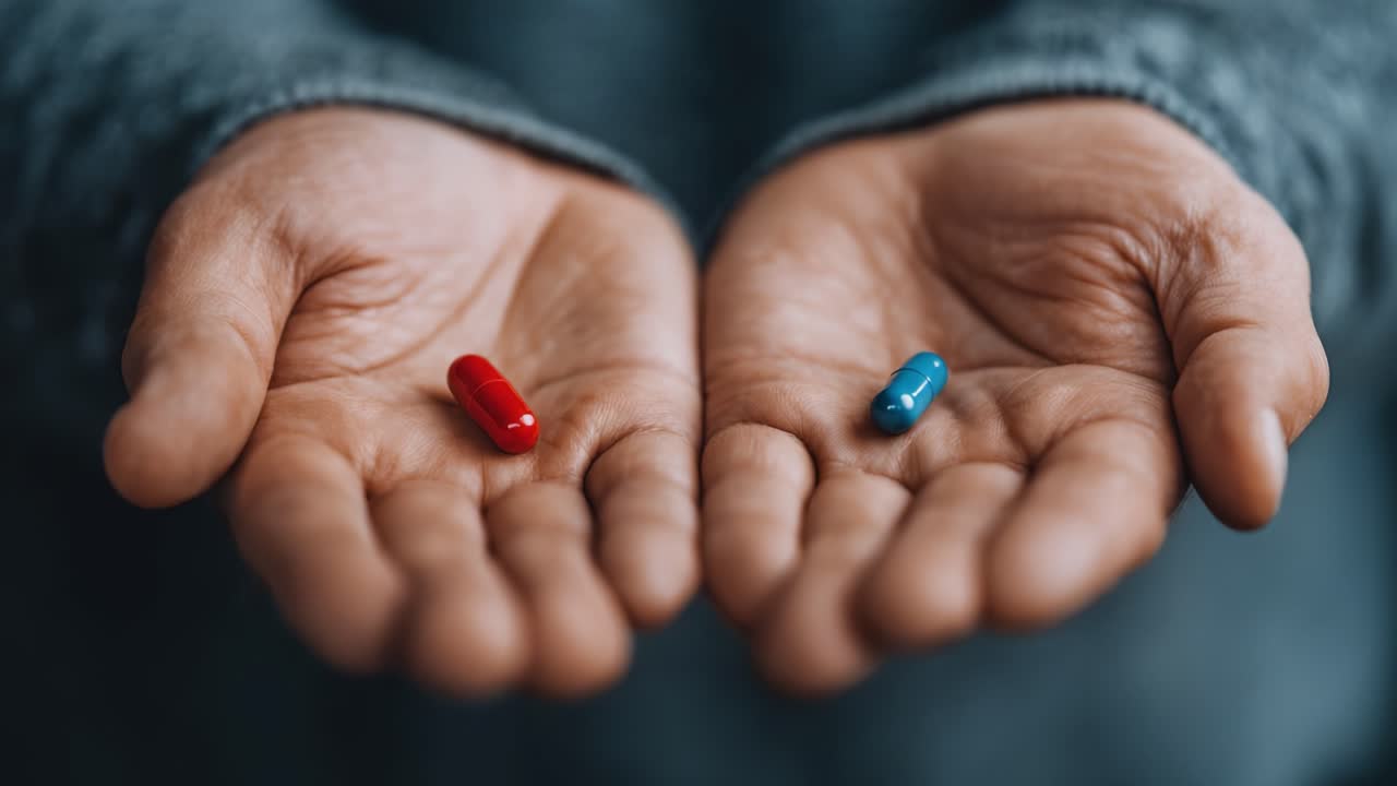 Una scelta ponderata: gli effetti contraddittori delle capsule rosse e blu tenute in mani tese, che simboleggiano momenti cruciali di decisione nella vita.