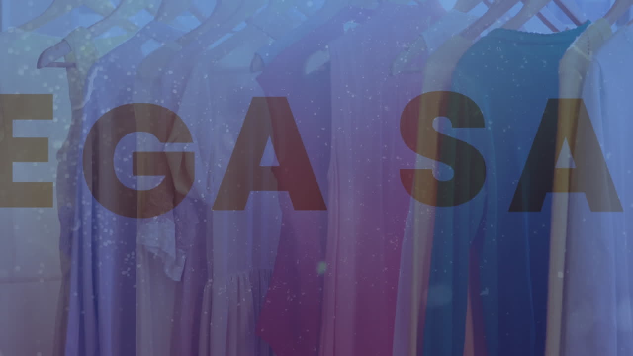 레일에 매달린 옷 위에 파란색 배경으로 잘라낸 메가 세일 텍스트의 애니메이션