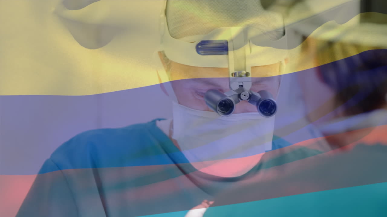 animación de la bandera de colombia ondeando sobre los cirujanos en el quirófano