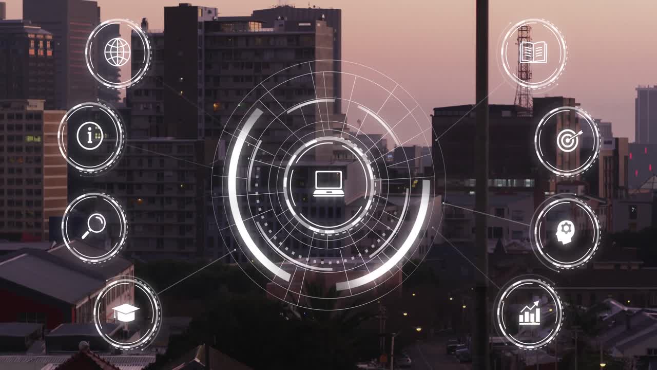 Animation of network of connections with icons over cityscape