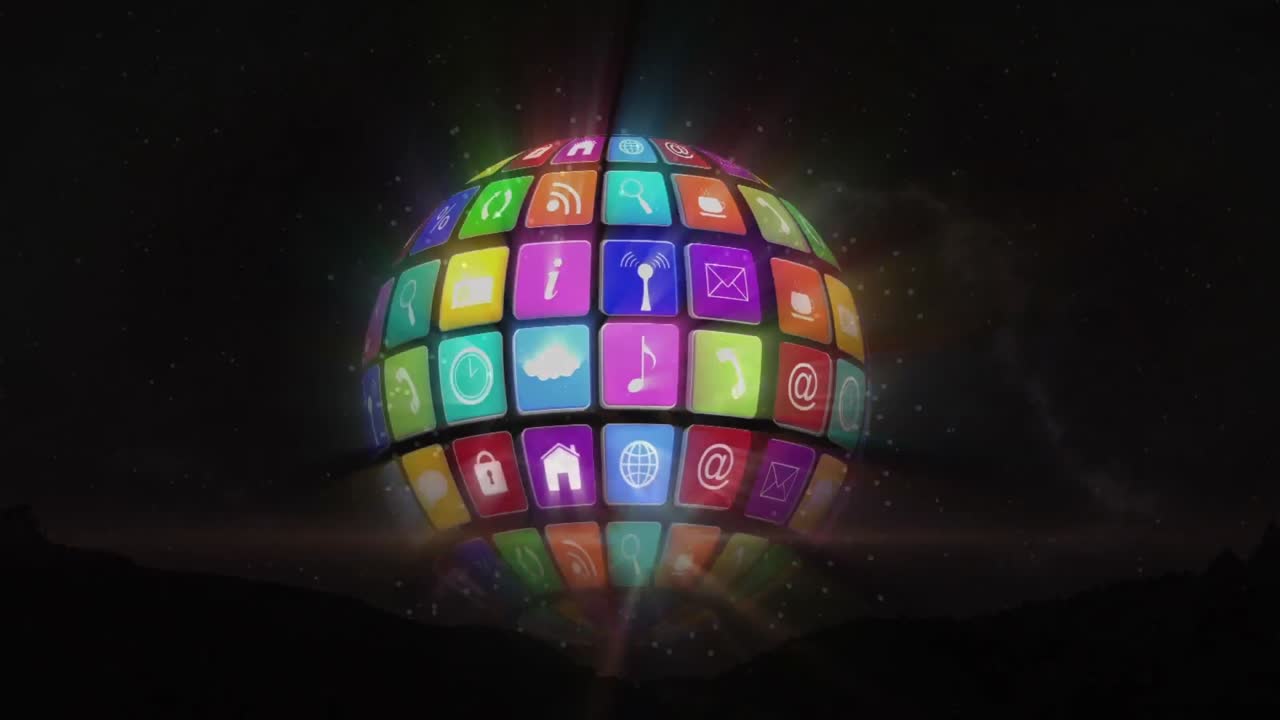 animación de puntos brillantes y globo con iconos girando.