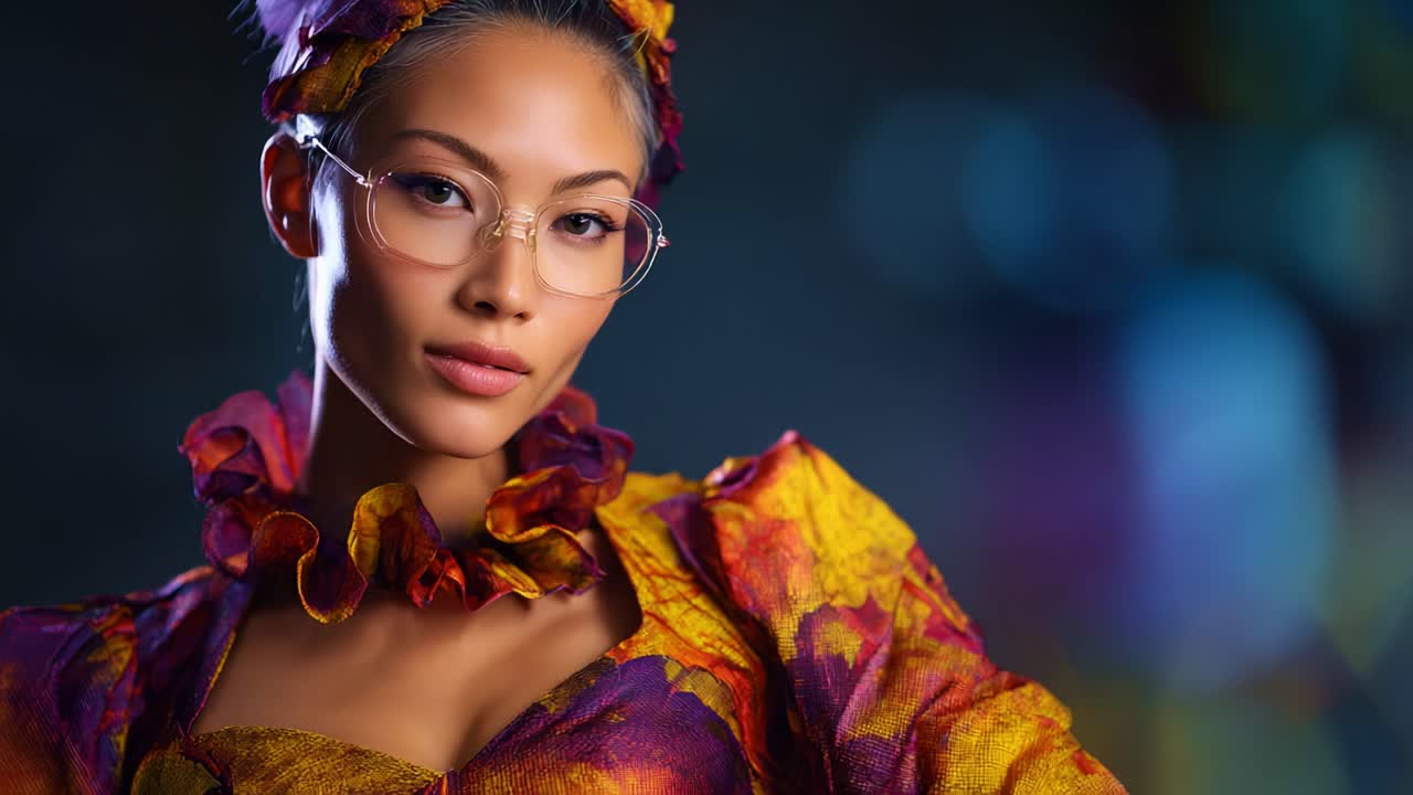 Ritratto accattivante di una donna elegante con abiti colorati alla moda e occhiali, che emana sicurezza e fascino su uno sfondo vivace e artistico