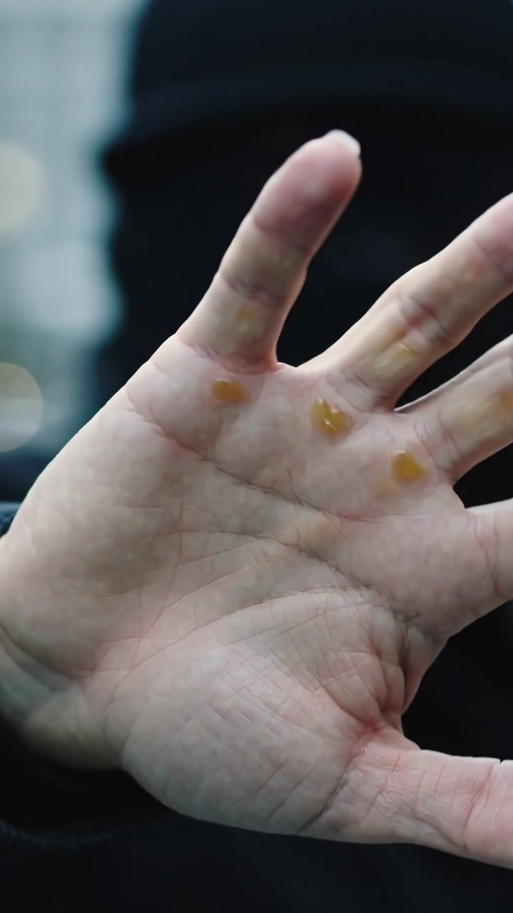Vertical video: Raising palm toward lens in city, rotating wrist, showing amber droplets and hoodie