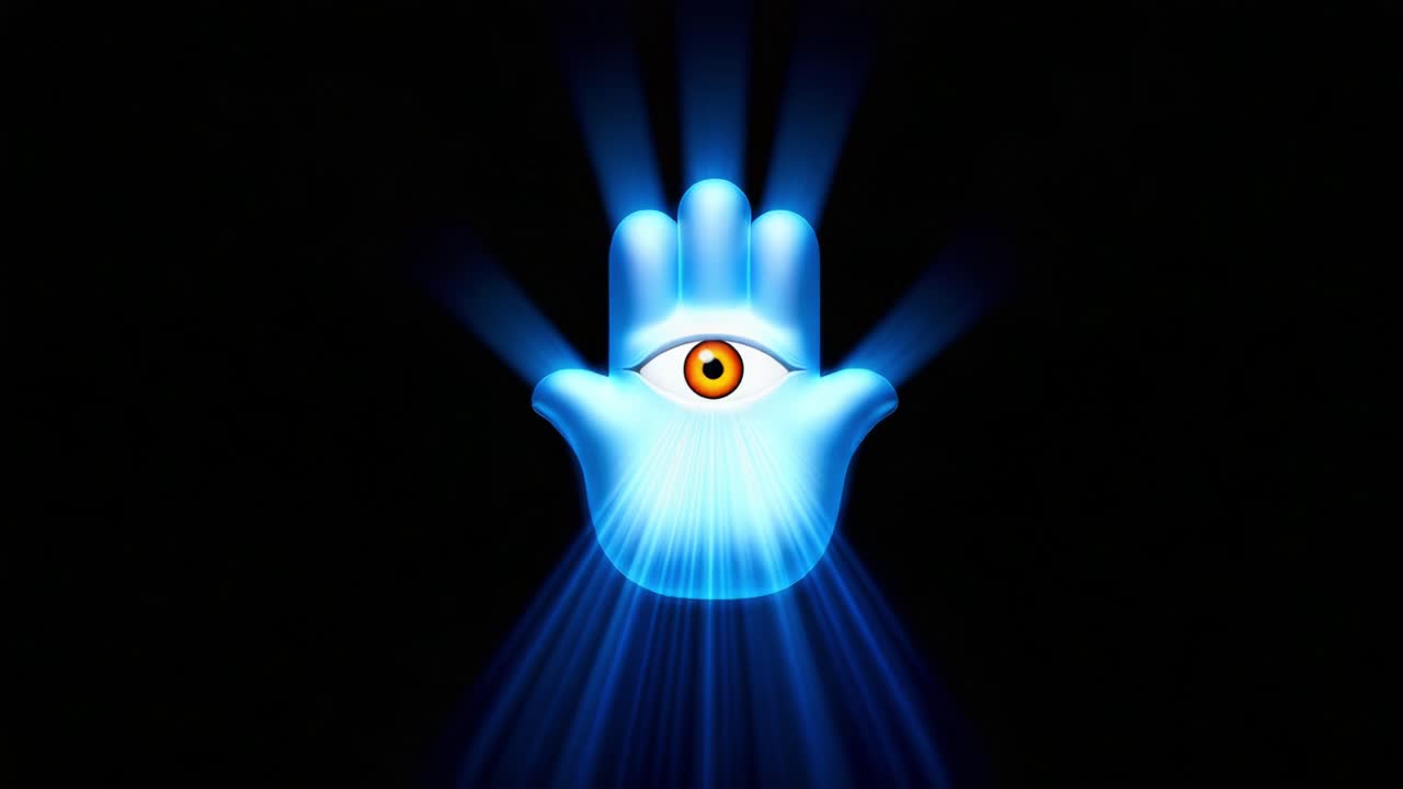 A captivating blue hand symbol radiating beams of light, featuring an eye in its center, signifying vision, protection, and intuitive insight in a mystical or spiritual context