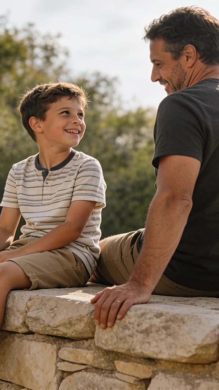 Video verticale: Ragazzo che guarda in alto e sorride, papà che si appoggia, creando un legame su un muro di pietra in un parco, con la mano appoggiata.