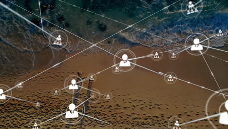 red de conexiones y procesamiento de datos animación sobre el paisaje de playa