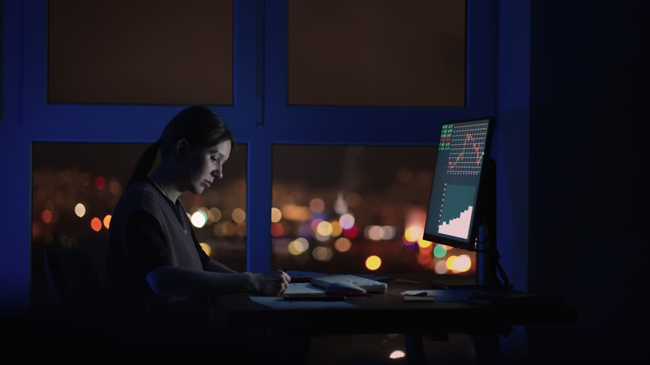 Portrait woman night of a Financial Analyst Working on Computer with Monitor Workstation with Real-Time Stocks Commodities and Exchange Market Charts