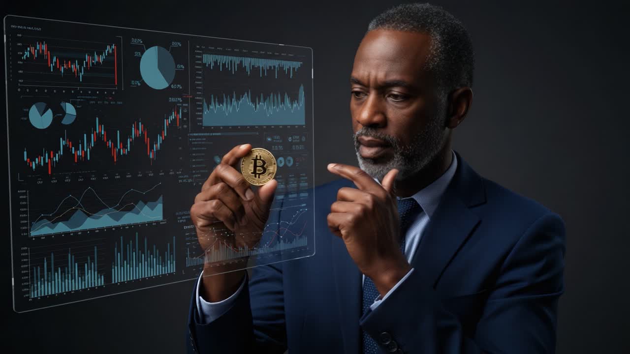 Analyzing Cryptocurrency Trends: A Professional Examining Bitcoin with Data Visualizations in the Background, Showcasing Market Dynamics and Analytical Insight.