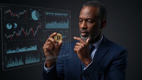 analyzing cryptocurrency trends: a professional examining bitcoin with data visualizations in the background, showcasing market dynamics and analytical insight.