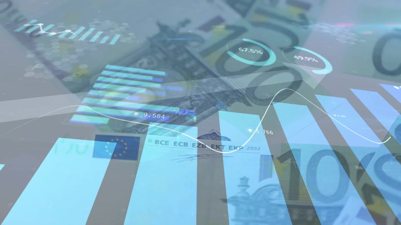 Panoramica della telecamera che avvia barre blu animate, linea di tendenza che traccia banconote da 100€ che sfumano, mostrando un collegamento al denaro.