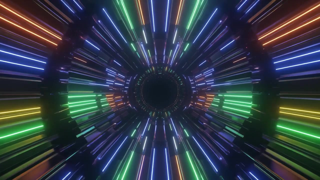 Futuristic Neon Light Tunnel with Glowing Geometric Patterns