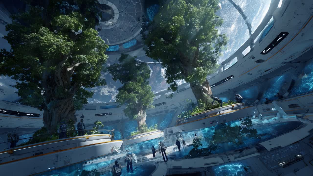 Futuristic Eco-Dome with Lush Trees and High-Tech Environments Showcasing a Harmonious Blend of Nature and Technology in a Sci-Fi Setting with Advanced Water Features and Stunning Celestial Views