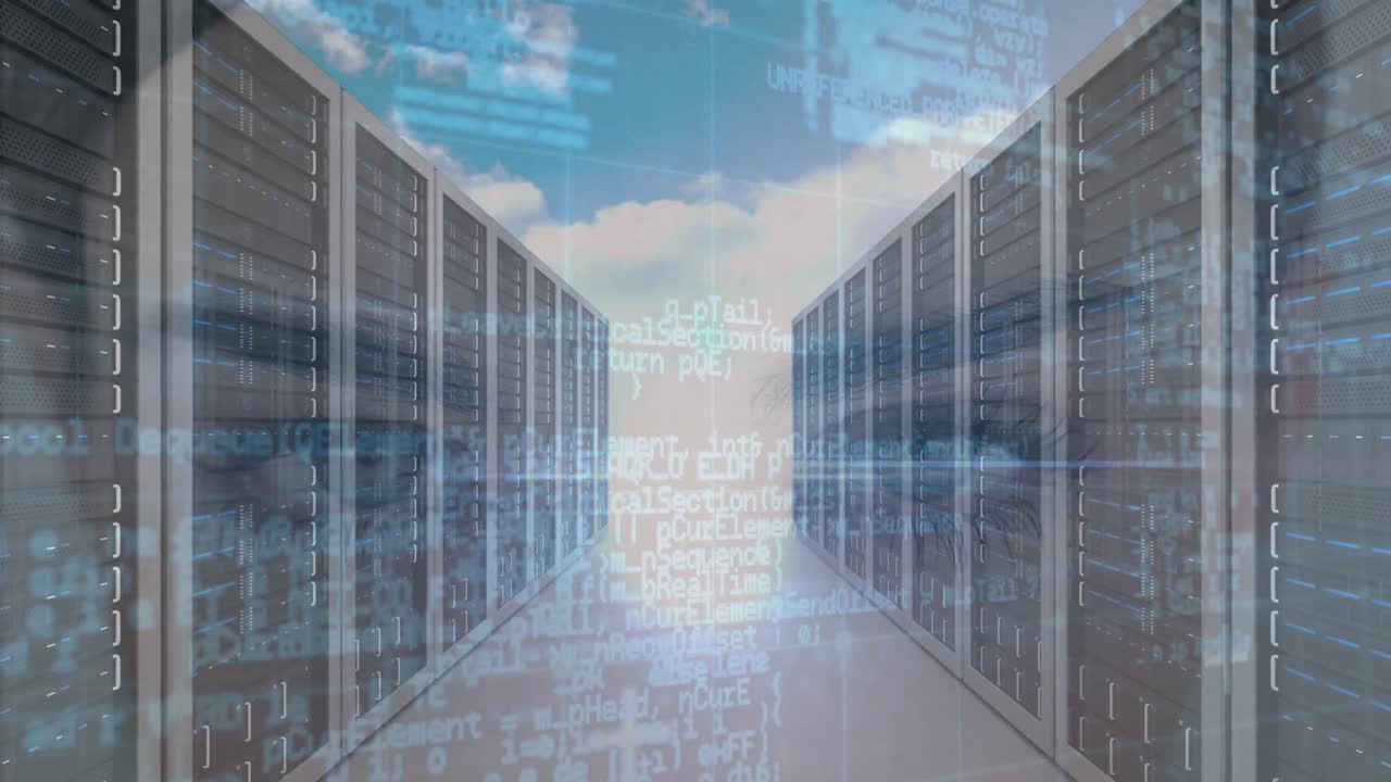 Animation of data processing over computer servers and caucasian woman's face in background
