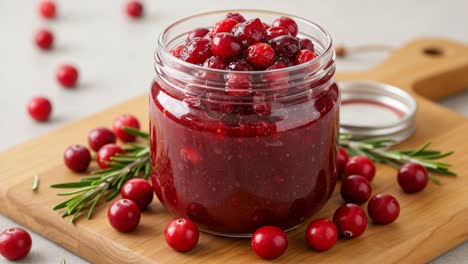 a vibrant jar of homemade cranberry preserves with fresh berries and herbs, showcasing a delicious and festive addition to any meal or snack, perfect for seasonal celebrations