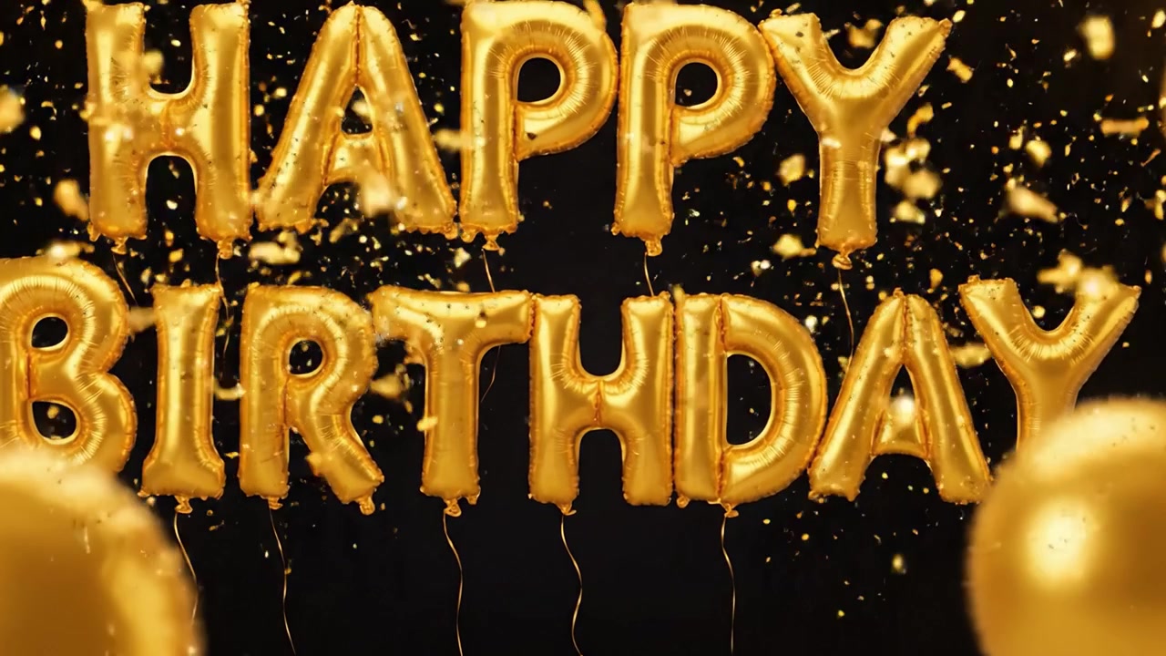 Palloncini dorati festivi che formano la scritta 'Buon Compleanno' su uno sfondo scuro, arricchendo gioiose celebrazioni di compleanno con coriandoli scintillanti per un momento memorabile.