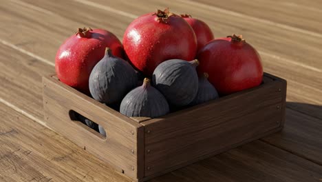 An Aesthetic Arrangement of Juicy Pomegranates and Fig Fruits in a Rustic Wooden Crate Placed Elegantly on a Sunlit Surface