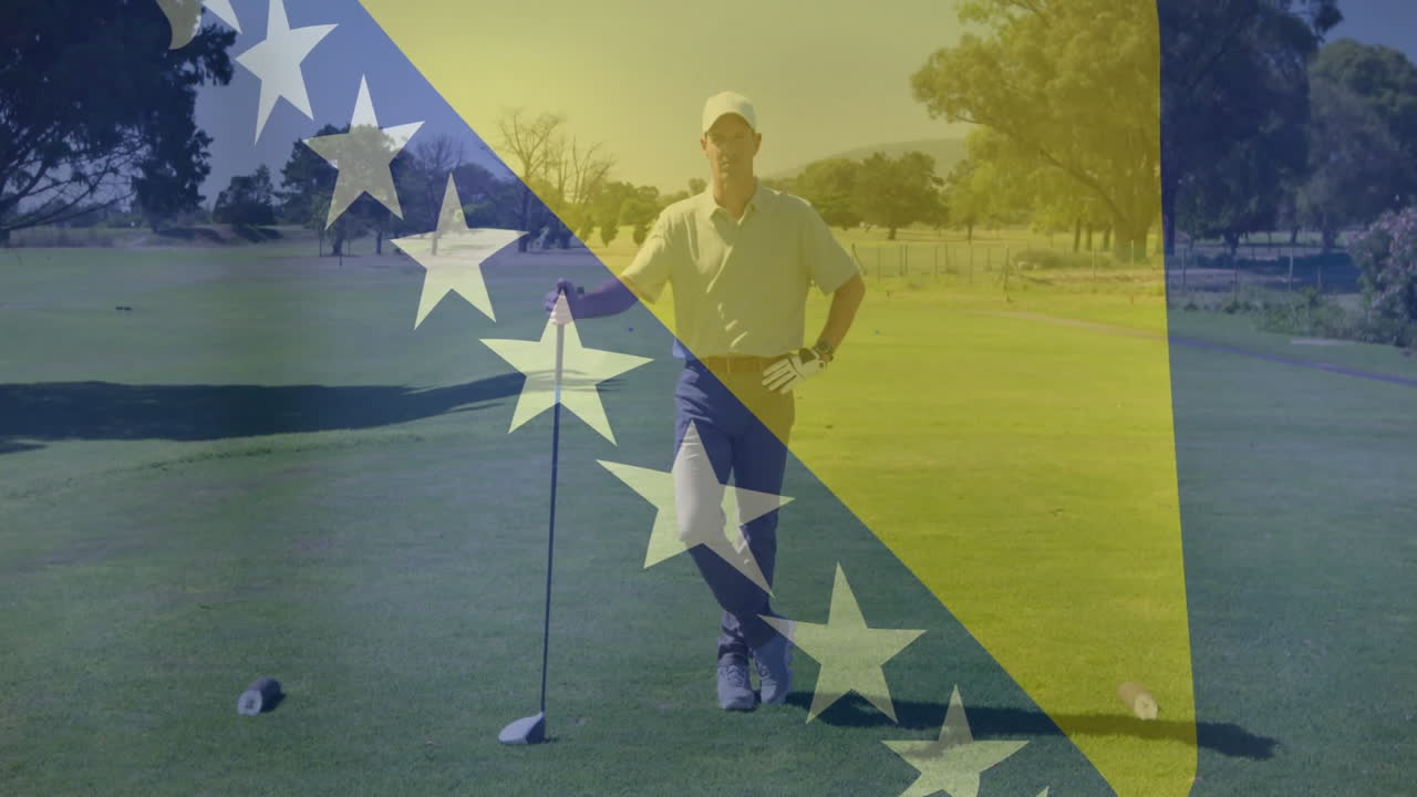 Golfer standing on golf tee box under sunlight, showing animated swing speed graph in sports tech