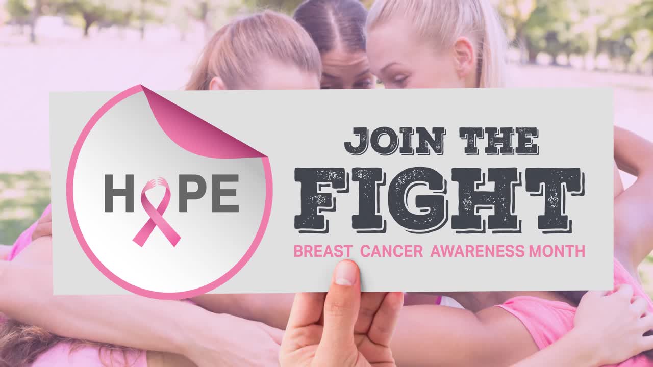 분홍색 리본과 희망 텍스트의 애니메이션이 웃는 여성들의 다양한 그룹 위에 있습니다.