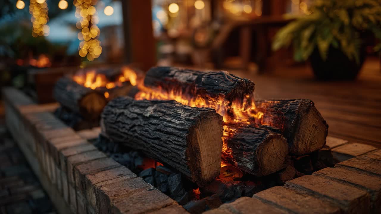 Warm and Inviting Outdoor Fire Pit Scene Featuring Glowing Logs Surrounded by a Cozy Deck and Twinkling Lights, Perfect for Relaxation and Social Gatherings