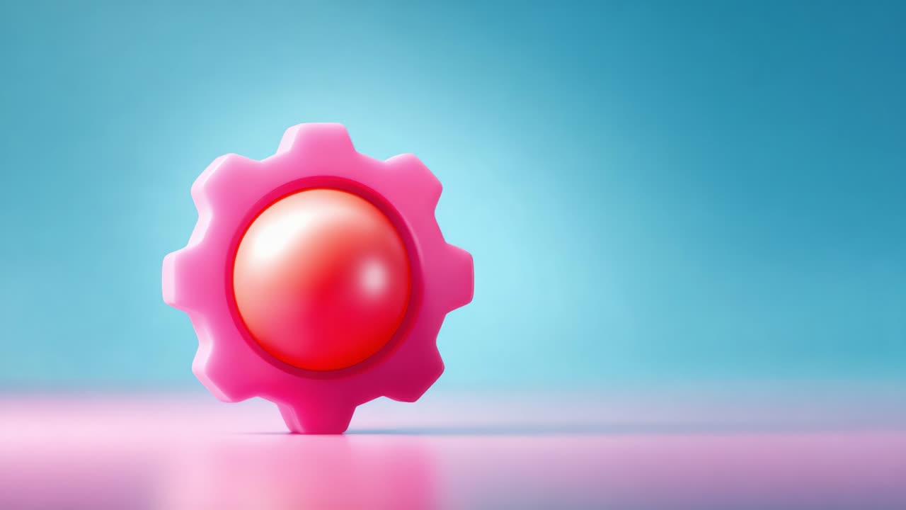 Un vivace ingranaggio rosa con una sfera lucida al centro, su uno sfondo delicato blu e rosa, che cattura l'essenza della giocosità e dell'immaginazione nel design moderno