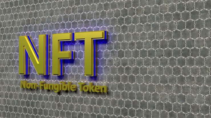 Golden NFT Crypto Art currency concept. Non Fungible Token with light flashing on dark gold abstract background. 3d Render seamless loop.