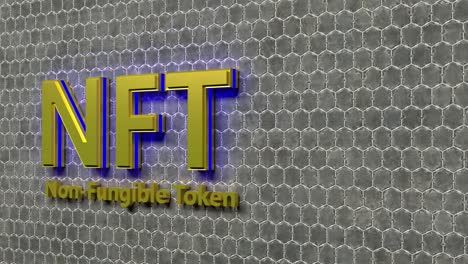 golden nft crypto art currency concept. non fungible token with light flashing on dark gold abstract background. 3d render seamless loop.