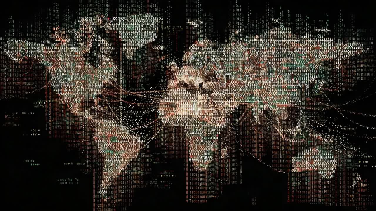 A Dazzling Visualization of Global Data Flow Represented through a World Map, Showcasing Digital Connectivity and Information Exchange Across Continents
