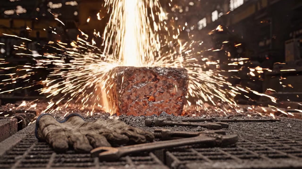 Processo di forgiatura in un'officina metallurgica con scintille, utensili a riposo e un blocco di metallo riscaldato pronto per la sagomatura nel cuore della produzione industriale.