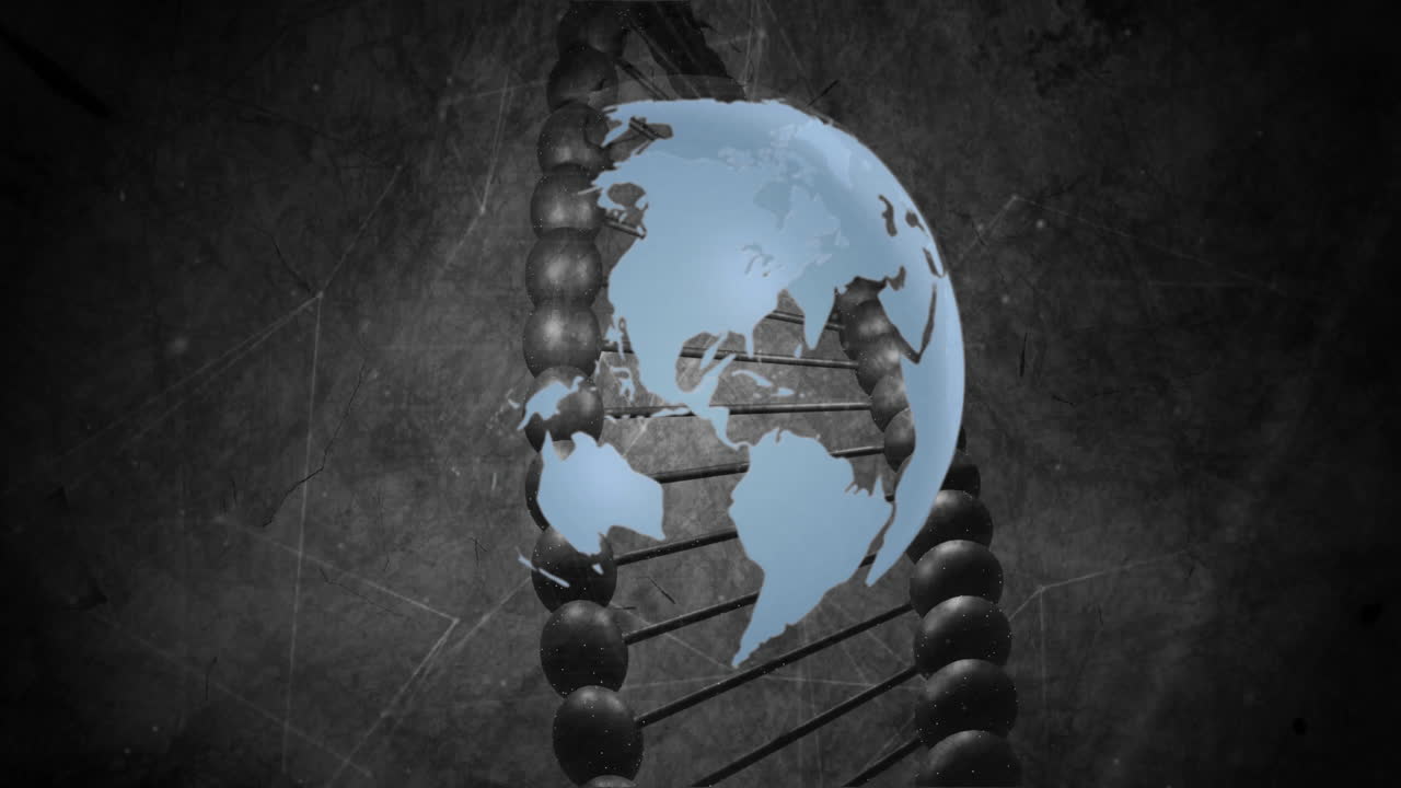 animación de cadena de adn y globo, concepto de procesamiento de datos científicos