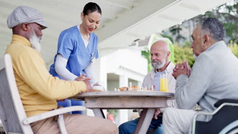 Happy-woman,-nurse-and-breakfast-with-coffee