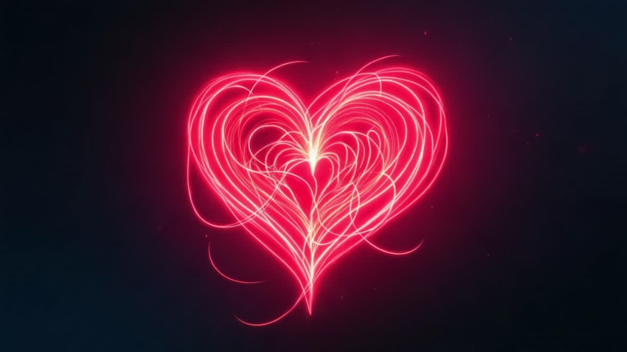 A captivating heart design emerges with swirling lines and bright shimmering effects. The heart glows in vivid red hues, surrounded by sparkling particles that create a romantic atmosphere. This animation captures the essence of love and affection, perfect for expressing heartfelt emotions. The soft