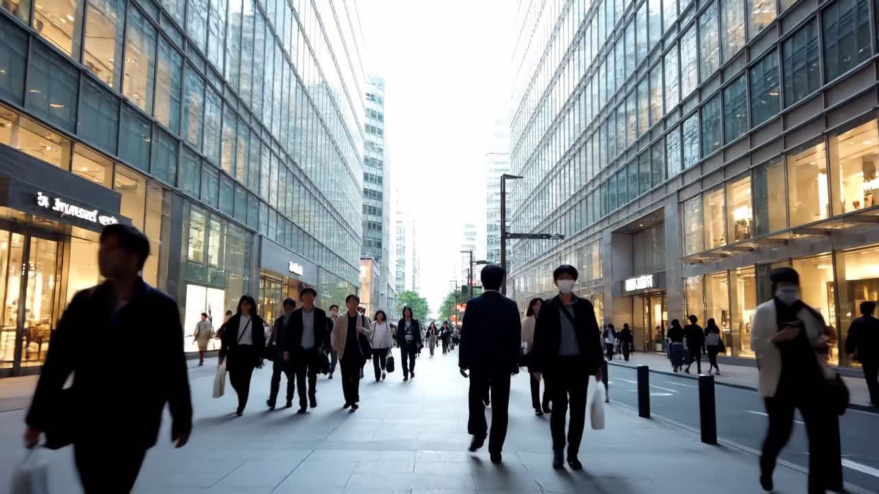 City street with people walking among modern buildings