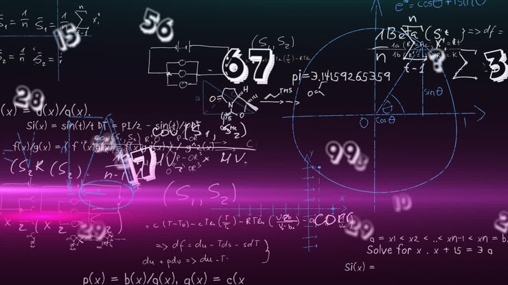 Animation of math formulas and numbers on black background