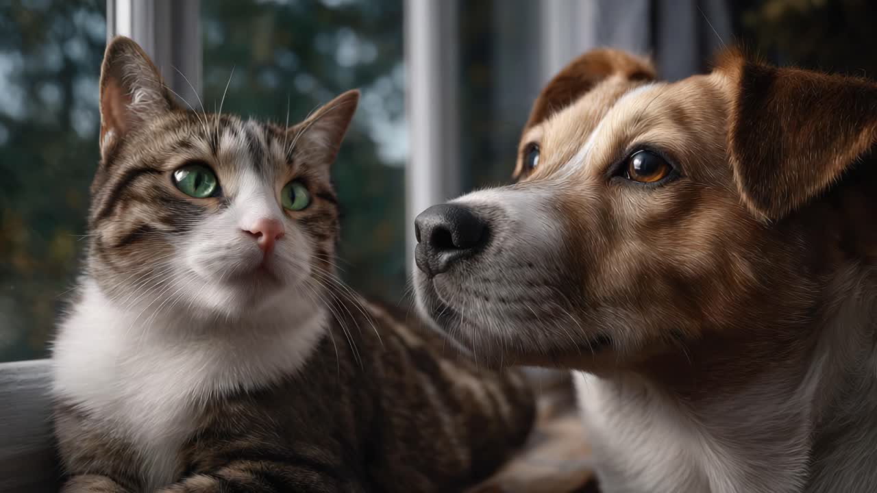Entzückender Moment zwischen Katze und Hund, die am Fenster sitzen und ihre Freundschaft und Neugierde in einer wunderschönen, gemütlichen Wohnumgebung festhalten