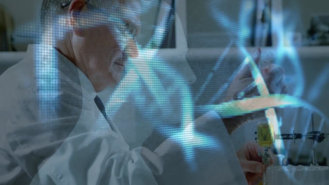 animación de cadenas de adn sobre científico caucásico masculino