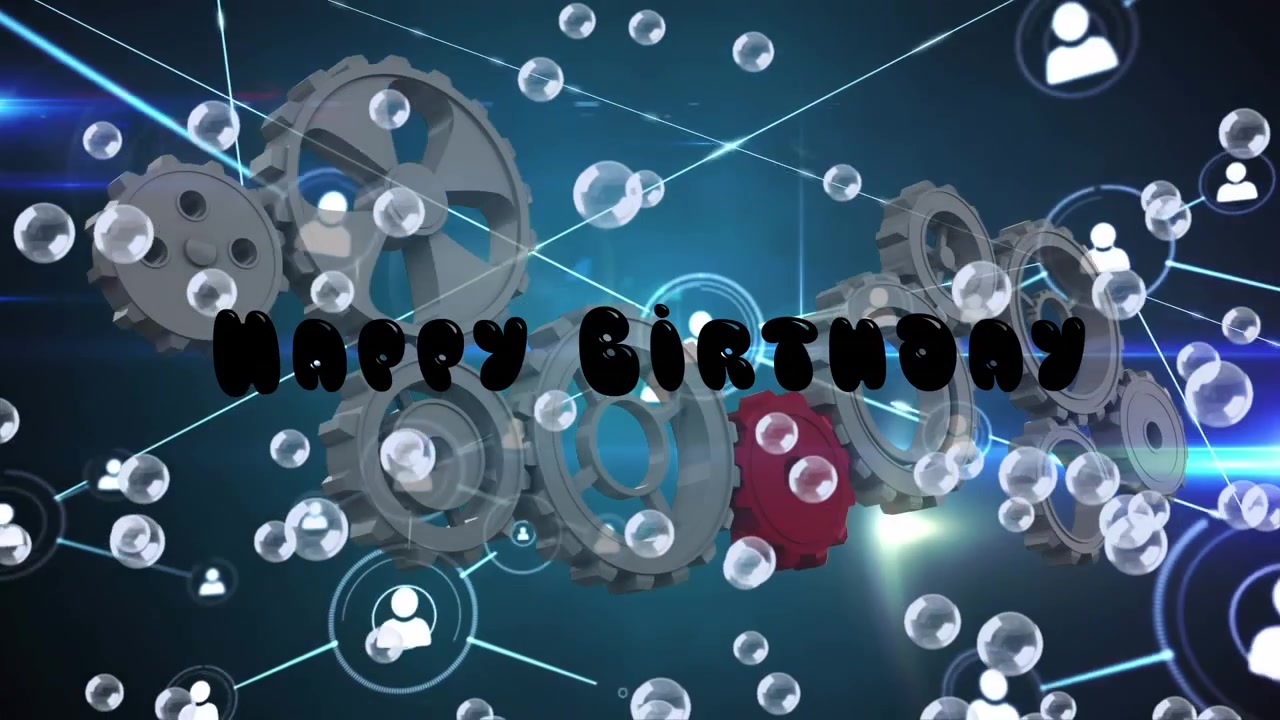 Auguri di Buon Compleanno con Ingranaggi Rotanti e Grafica di Social Network