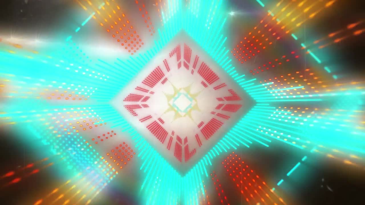 빛나는 경기장 위를 확대하는 추상적인 다채로운 사각형 패턴의 네온  ⁇ 의 3d 애니메이션