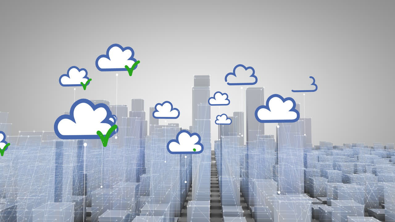 4K Cloud data over a city skyline white